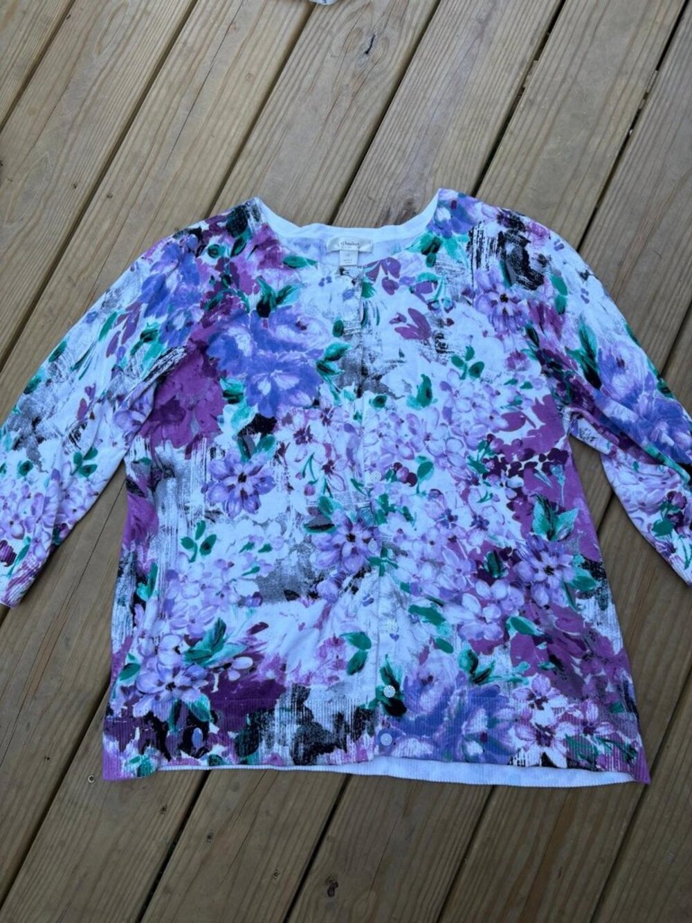 CJ Banks Women’s 1X Floral Button Front Cardigan Purple Green Plus Size - Picture 3 of 8